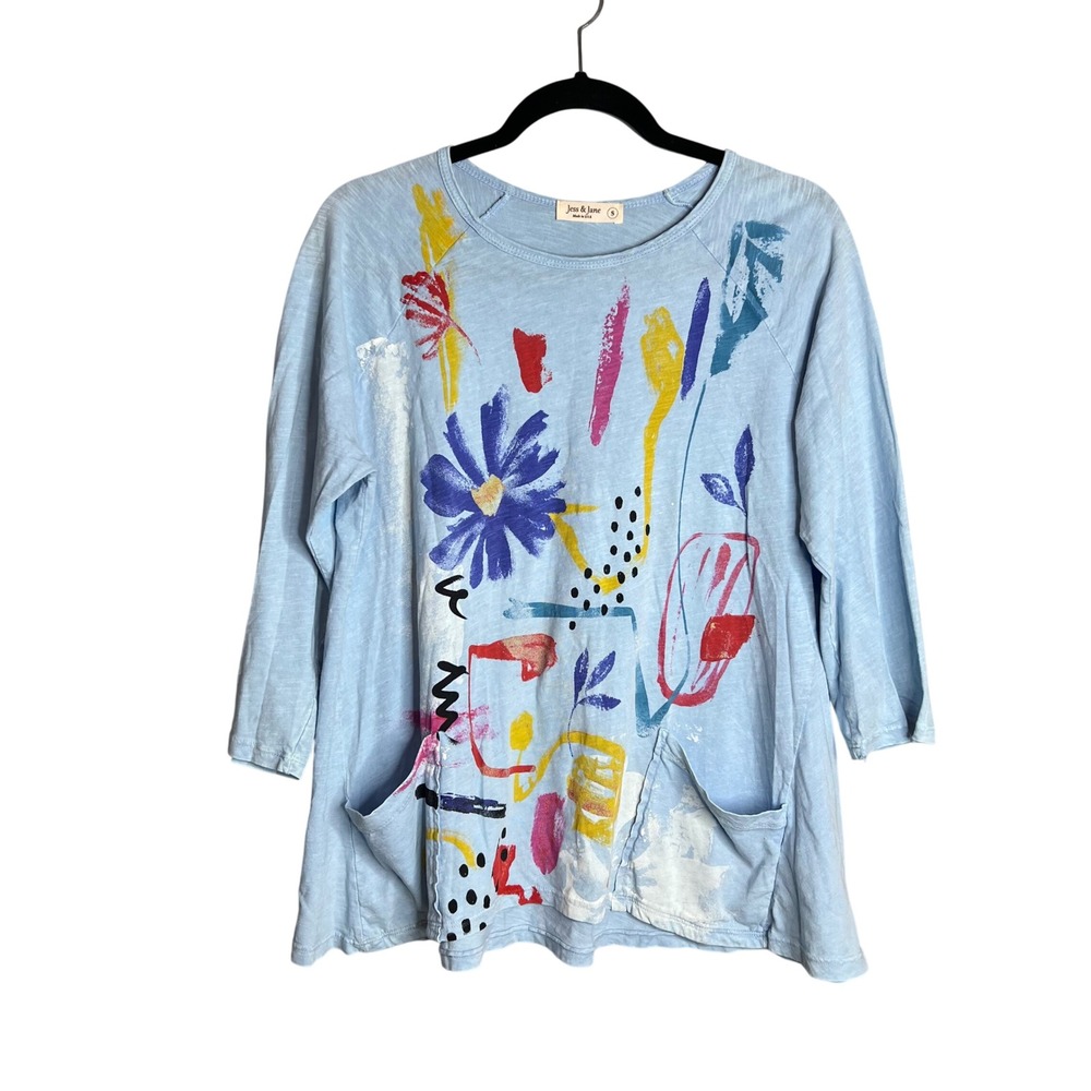Jess & Jane Artsy Top Sz S 3/4 Sleeve Abstract Floral Pocket Slub Art To Wear